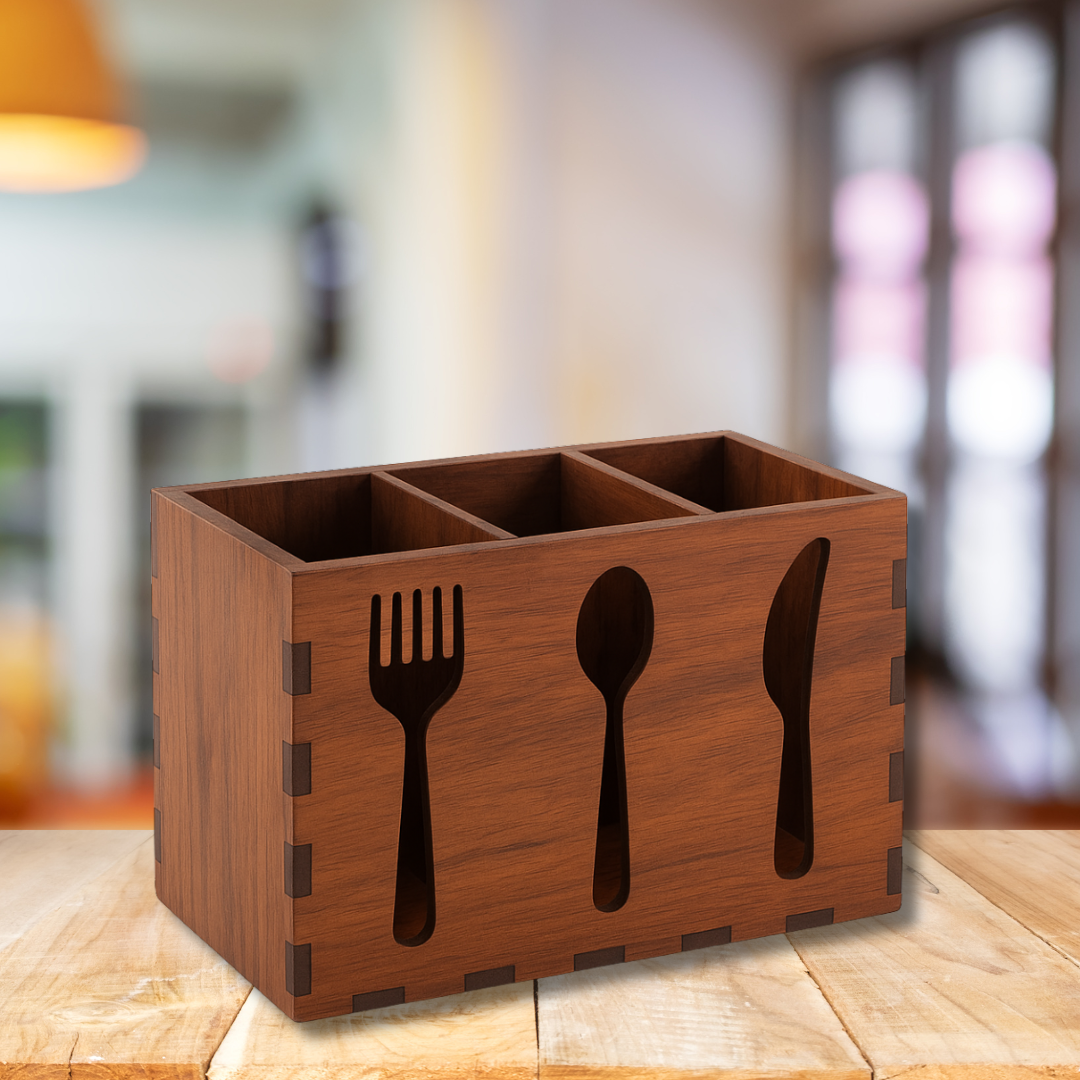 Wooden Cutlery Stand | Spoon & Fork Holder with Napkin Slot | Tabletop Kitchen Organizer