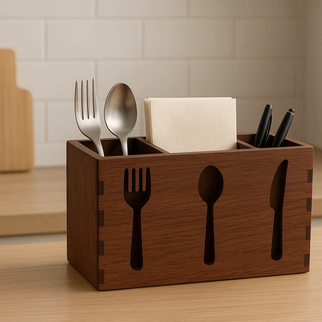 Wooden Cutlery Stand | Spoon & Fork Holder with Napkin Slot | Tabletop Kitchen Organizer