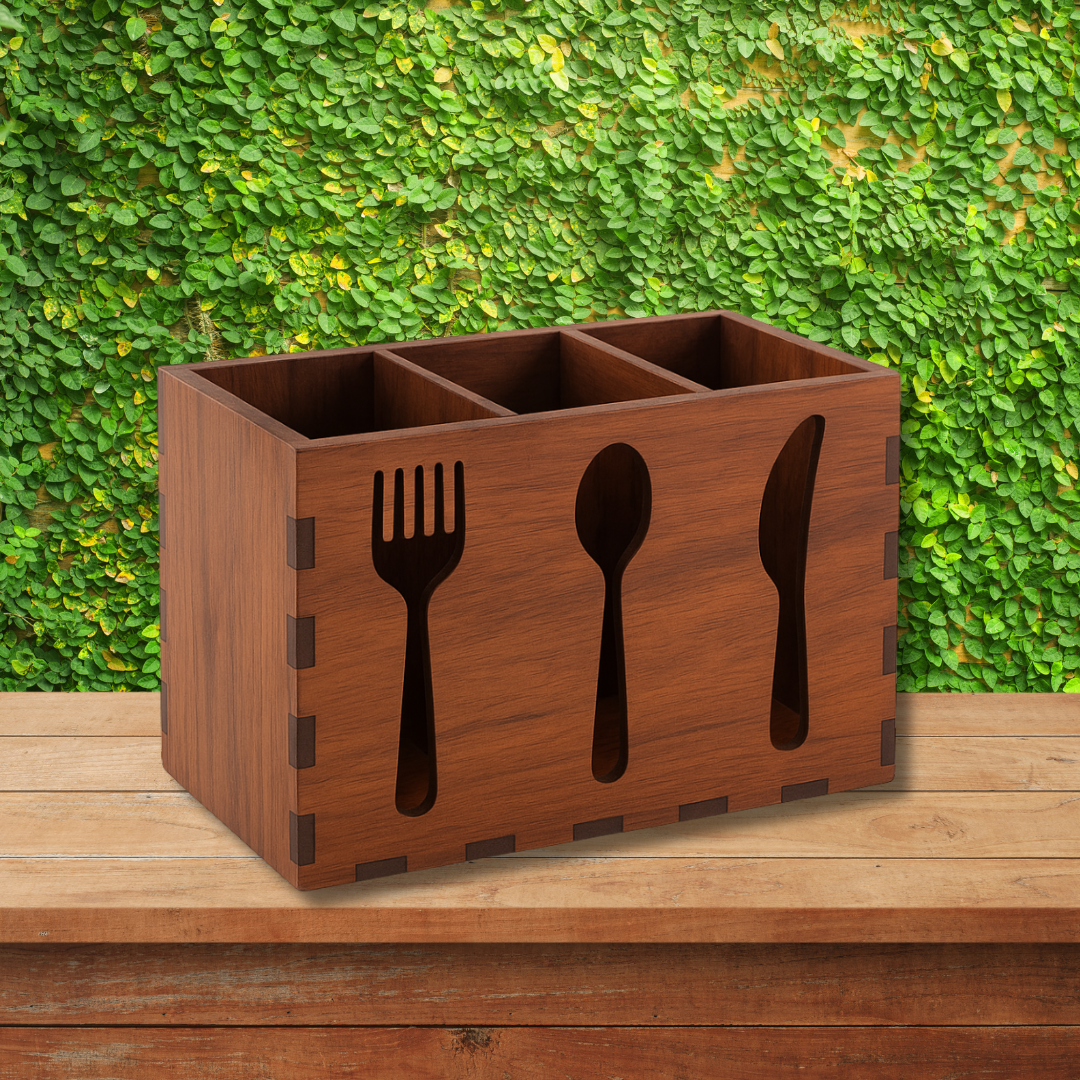 Wooden Cutlery Stand | Spoon & Fork Holder with Napkin Slot | Tabletop Kitchen Organizer