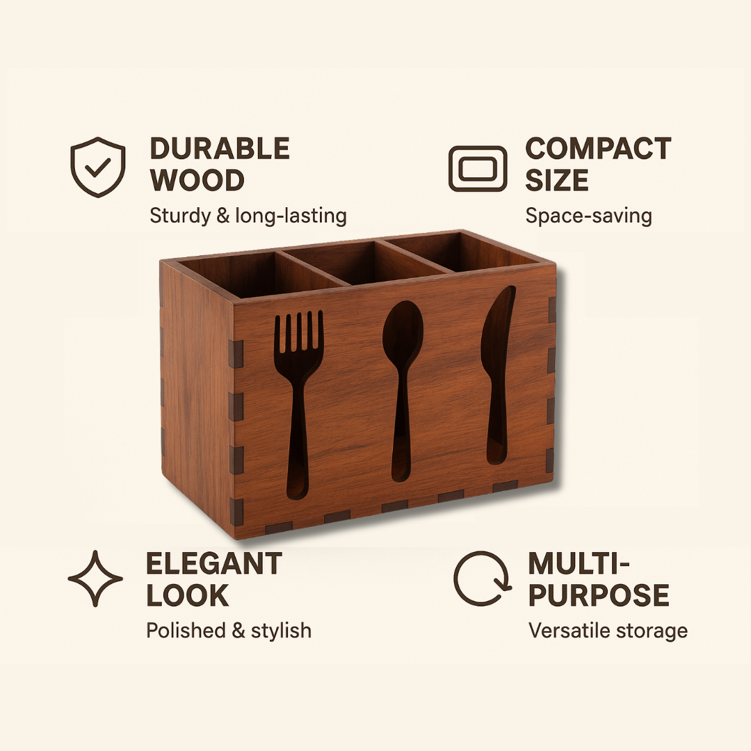Wooden Cutlery Stand | Spoon & Fork Holder with Napkin Slot | Tabletop Kitchen Organizer