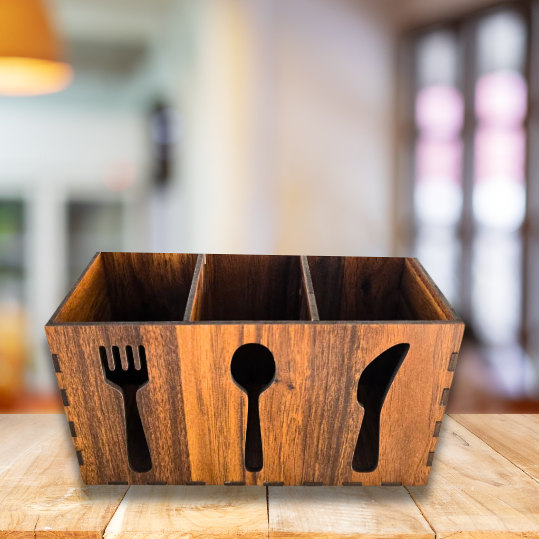Wooden Kitchen Cutlery Holder With 3 Compartments | Spoon Stand for Kitchen & Dining Table, Cutlery Holder
